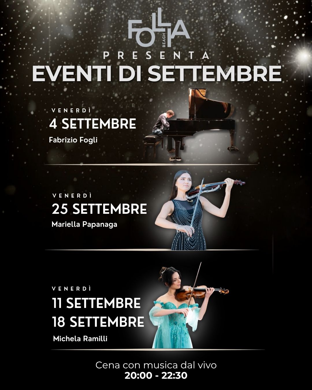 Programma Follia Beach di settembre 2026: Fabrizio Fogli il 4, Michela Ramilli l’11 e il 18, Mariella Papanaga il 25; musica dal vivo 20:00–22:30