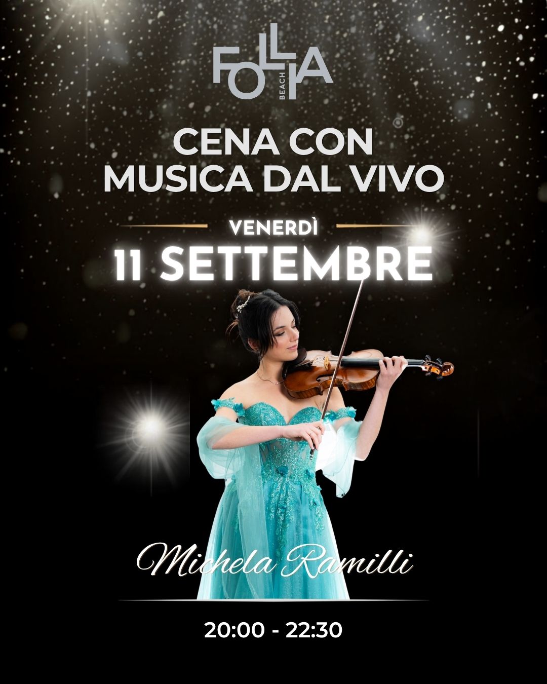 Michela Ramilli al Follia Beach venerdì 11 settembre 2026: violino, sax e voce, musica dal vivo dalle 20:00 alle 22:30