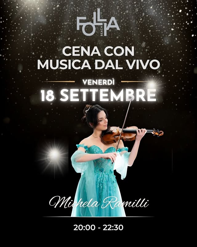 Michela Ramilli al Follia Beach venerdì 18 settembre 2026: violino, sax e voce, musica dal vivo dalle 20:00 alle 22:30