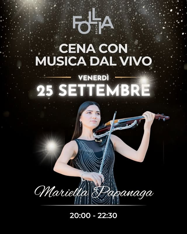 Mariella Papanaga al Follia Beach venerdì 25 settembre 2026: violino, sax e voce, musica dal vivo dalle 20:00 alle 22:30