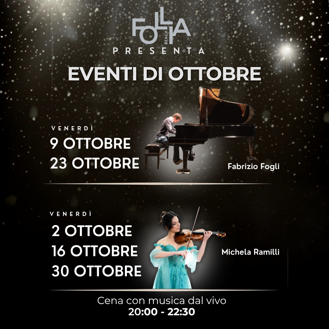 Follia Beach, programma di ottobre 2026: Michela Ramilli il 2, 16 e 30; Fabrizio Fogli il 9 e 23. Cena con musica dal vivo, 20:00–22:30.